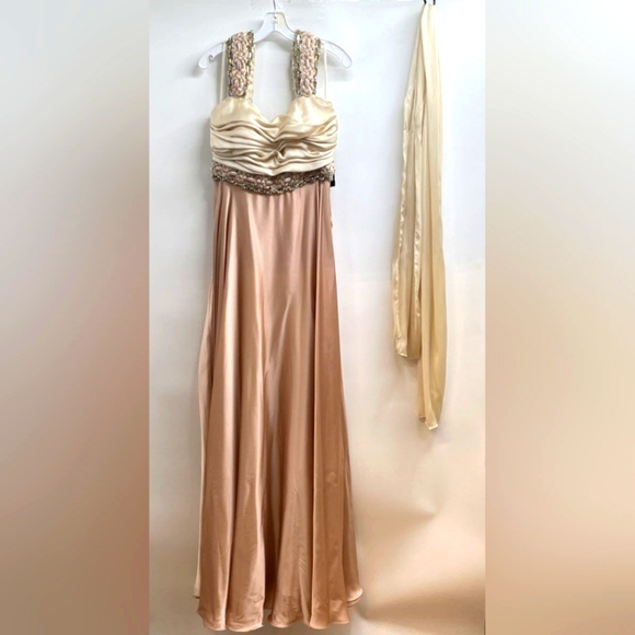 NEW Terani Couture Designer Cream Pink Ruched Maxi Gown + ShawlEmbellished 10